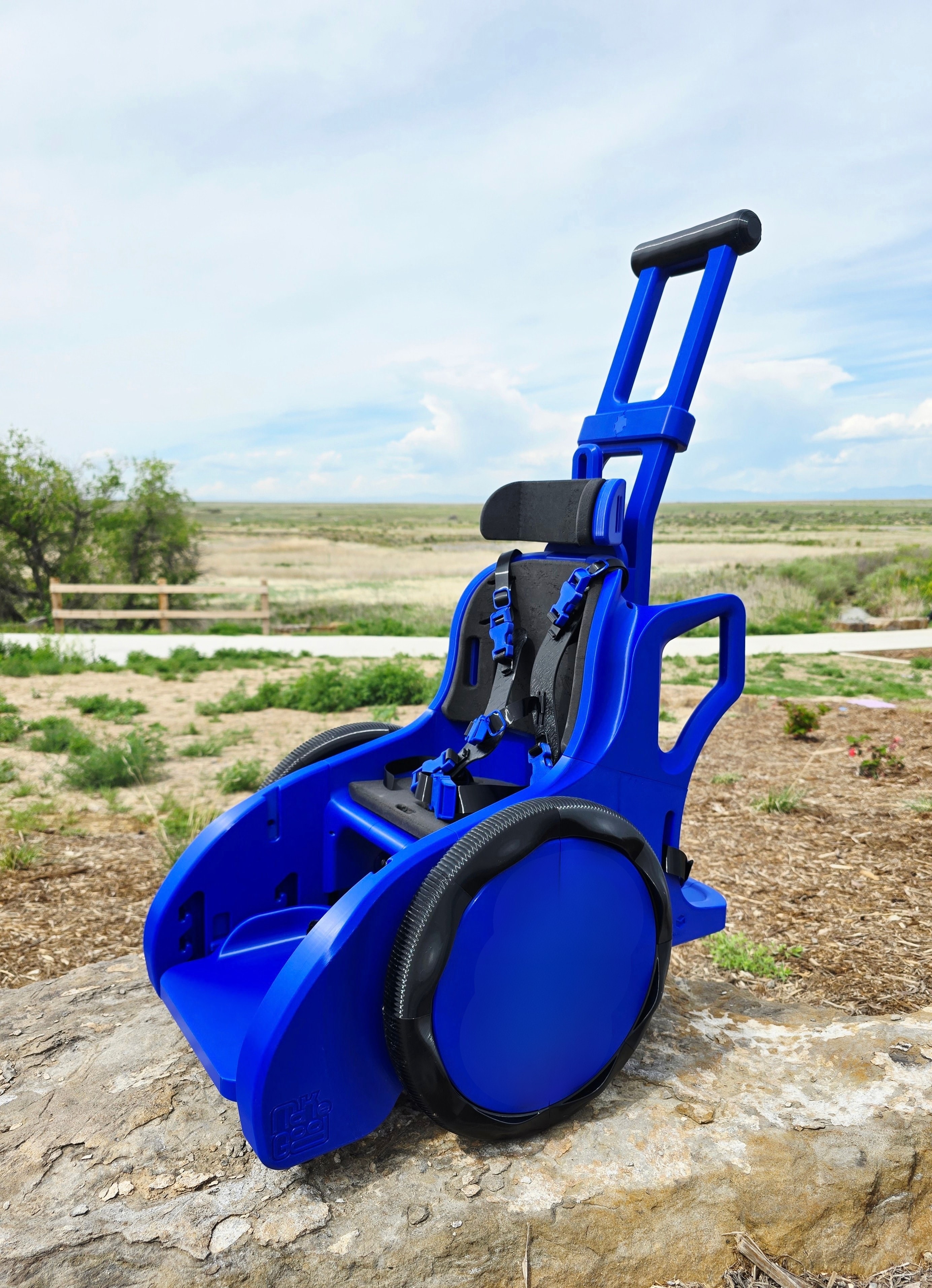 Blue 3D-printed children's mobility device outdoors