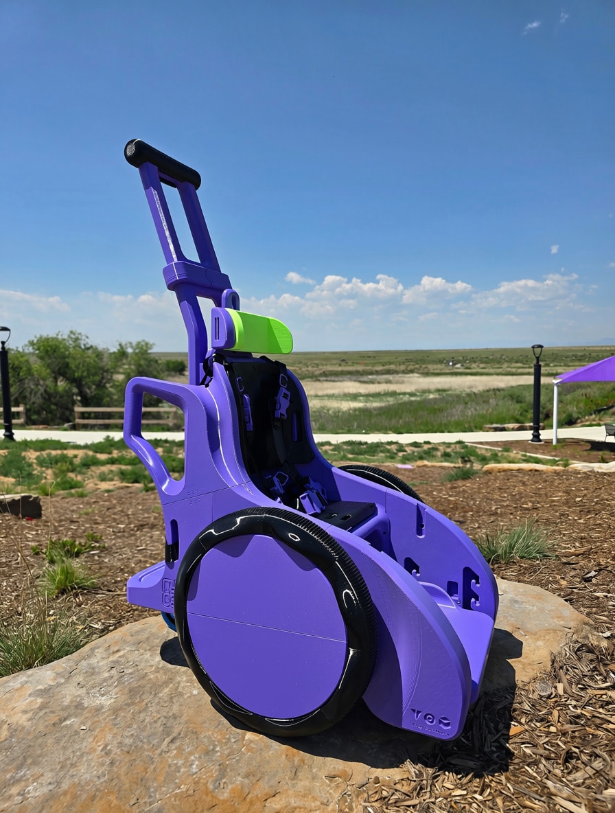 Purple Paw Patrol children's mobility wheelchair outdoors